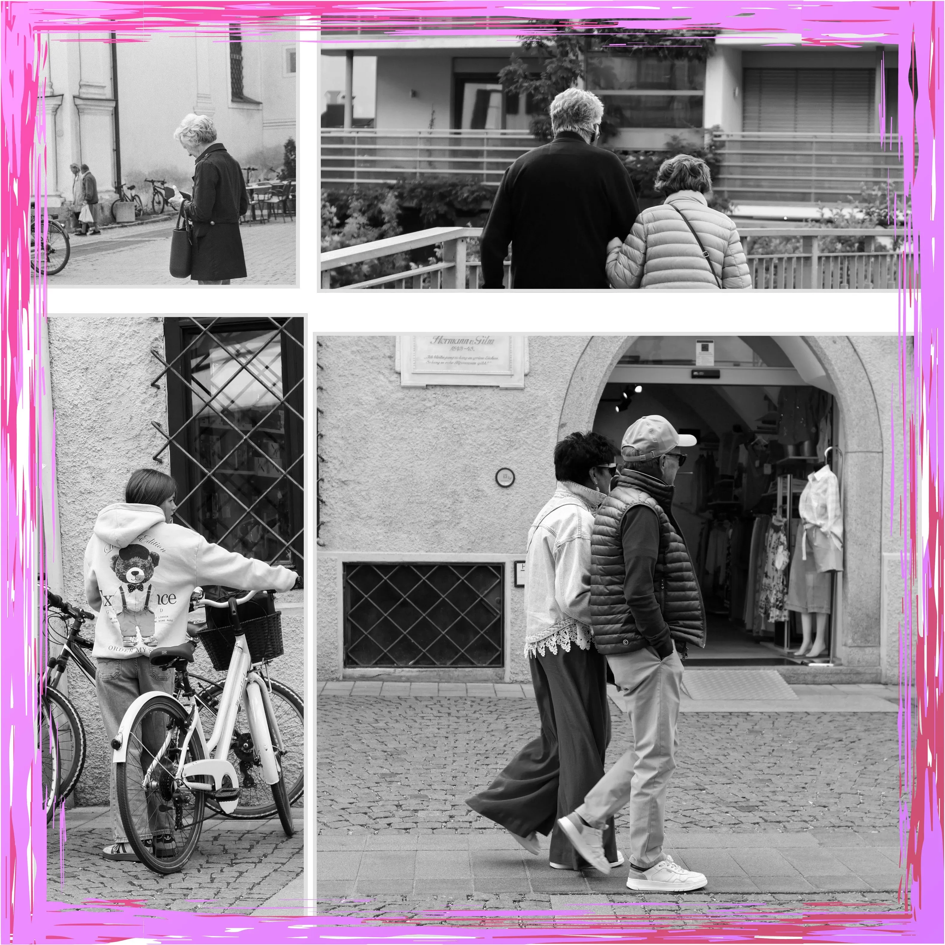 As a landscape and wildlife Photographer, I used to think city streets were just noise and concrete. I was wrong. Street photography is its own kind of wild.
There are four individual images in a collage,  1. A women looks at her phone in front of a church.
2. Young girl parks her bicycle
3. An older couple walks arm, and arm over a bridge.
4. A fashionable older couple walks through the city center.
